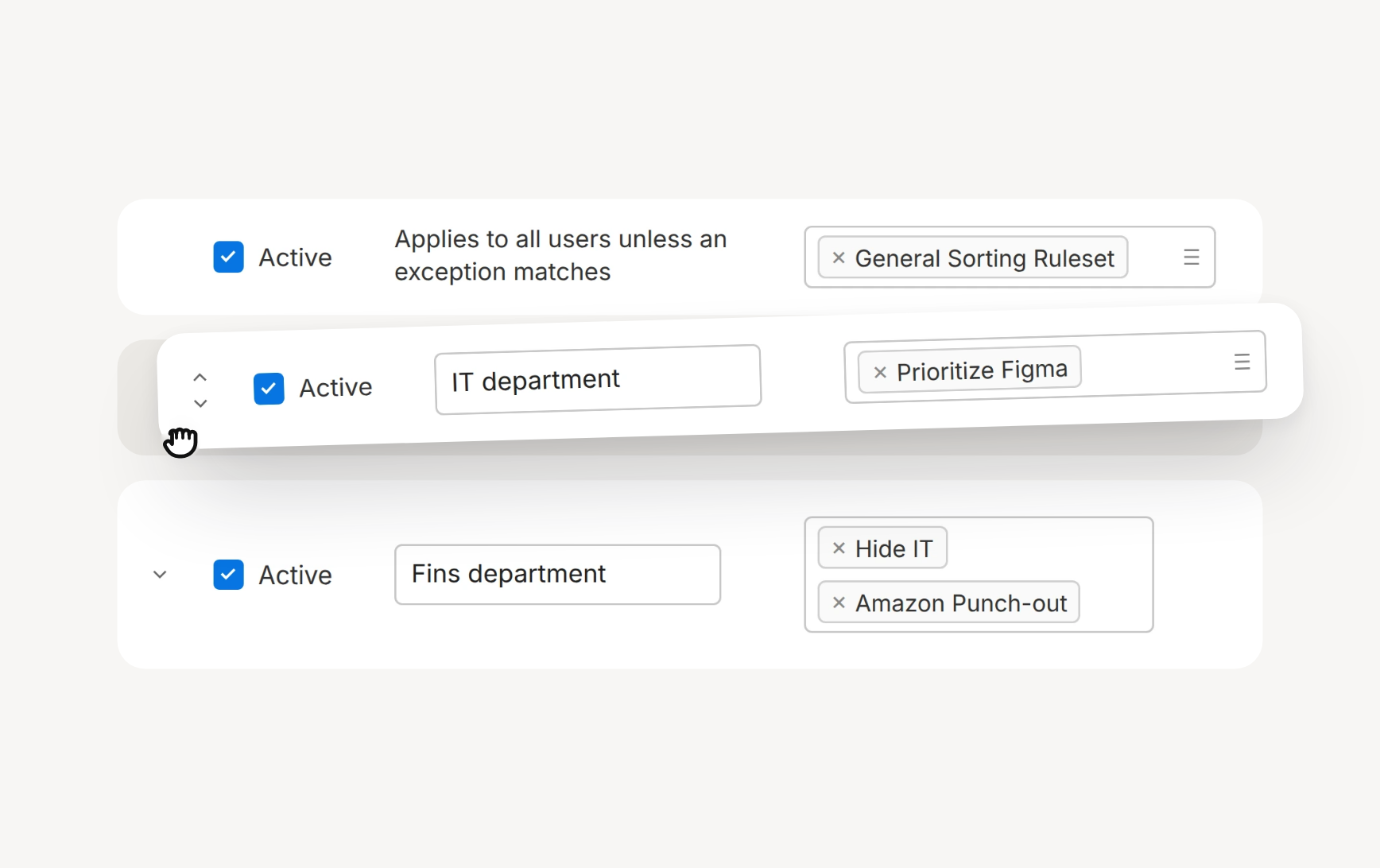 Buying rules console: the overview behind the exception rules for Fins and IT.